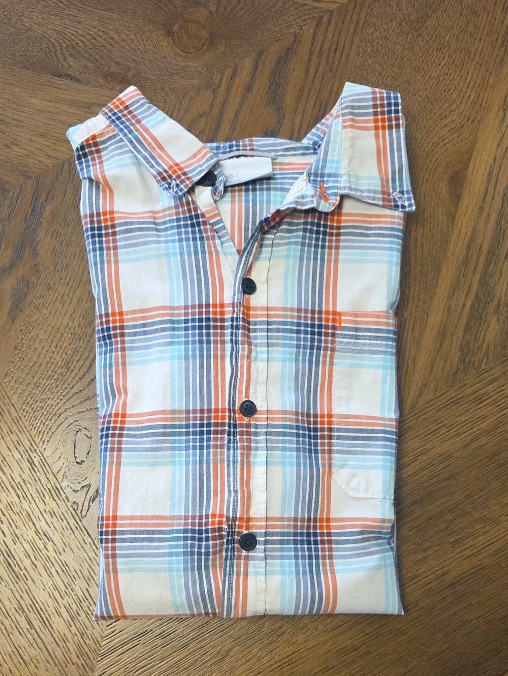Columbia Plaid Button-Up Shirt in Orange, Blue & White